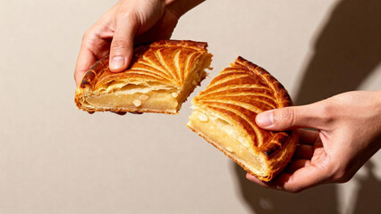Hands breaking golden Galette des Rois on neutral background