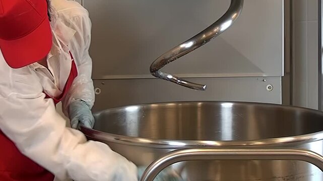 A worker in protective gear carefully cleans a large metal mixing bowl with a cloth, ensuring sanitary conditions are maintained. This is a large mixer in an industrial kitchen.
