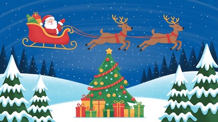 Santa claus in sleigh pulled by reindeer flying over snowy forest and christmas tree