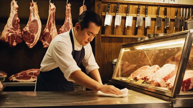 Asian man cleaning counter in retro butcher shop. Meat market worker wiping down surface. Traditional Japanese meat shop.