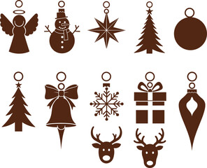 Christmas ornament icon set, festive holiday symbols, angel snowman tree bell reindeer, decorative vector design, seasonal silhouette graphic, winter celebration elements