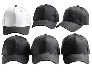 Set of Black and White Baseball Caps in Different Angles, isolated on transparent background” 