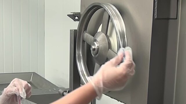 A person wearing plastic gloves wipes down the wheel of an industrial meat saw with a white cloth in a clean food processing facility. Metal tray and paneled wall are visible.