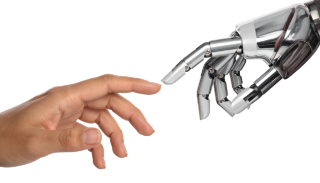 A robot hand is shown touching a human hand - Powered by Adobe