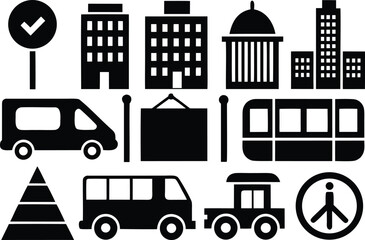 Obraz premium Collection of Black City and Transportation Icons on White Background urban building