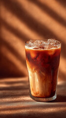 iced coffee glass on wooden table, rich brown tones, warm orange highlights, soft shadows creating a cozy atmosphere,