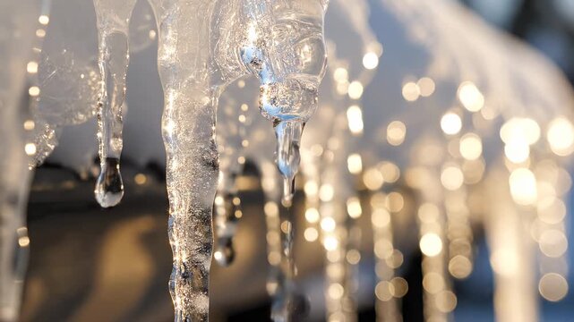 Close-up of melting icicles with bokeh lights in the background.