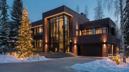 A modern house exterior with Christmas decorations at night.