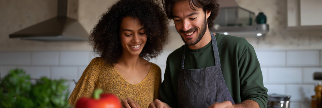 A joyful couple is preparing a meal in a cozy kitchen, sharing laughter and teamwork, representing love and collaboration in the culinary experience.