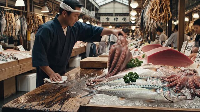 Japanese man cleaning wooden counter top in a bustling retro fish market with fresh seafood on display, footage.