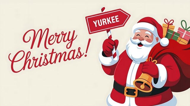 Santa claus holding a yurkee sign with gifts and bells wishing merry christmas