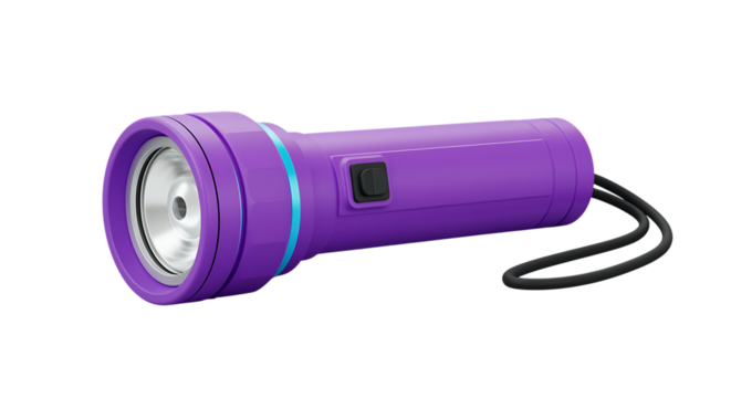 Realistic purple flashlight illustration with detailed features on transparent background
