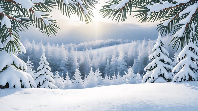 Sunlight filters through snow laden pine branches onto a serene winter forest landscape