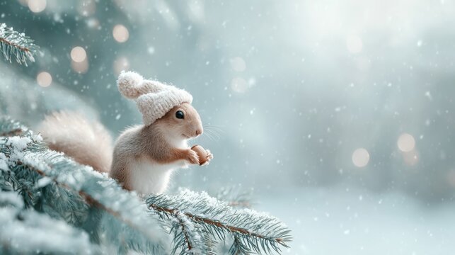 An cute squirrel wearing a red Christmas hat. - Powered by Adobe