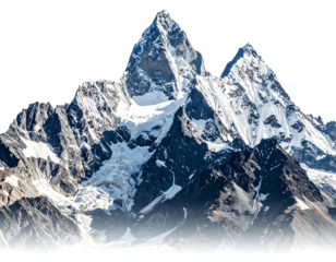 A majestic, snow-capped mountain with rugged peaks against a clear background, showing texture and elevation