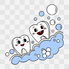 Cute hand-drawn illustration of a happy tooth in toothpaste foam. Adorable dental clipart children’s designs, dental posters, hygiene education materials, stickers, and kids toothbrush packaging