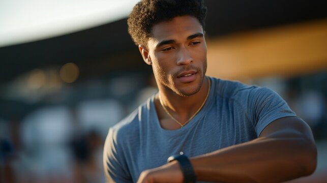 Athlete checking augmented-reality dashboard from fitness wearable, emotion of motivation visible, representing health data analytics, sports technology, and biometric AI integration. cinematic - Powered by Adobe