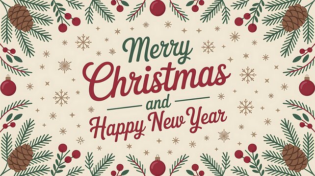 Festive merry christmas and happy new year greeting with evergreen branches and pinecones