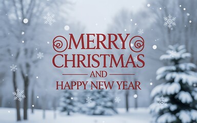 Festive merry christmas and happy new year greeting overlaid on a serene snowy winter forest scene
