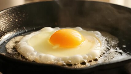 Sunny side up egg cooking in sizzling oil in a hot cast iron pan for breakfast dish. Healthy food preparation footage. - Powered by Adobe