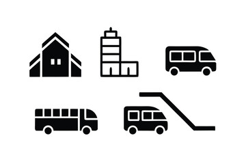 Five black silhouette icons of buildings and vehicles Keywords: icon, symbol, silhouette, black, building, architecture, house, church, skyscraper