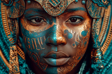 Fototapeta premium Afro-futurism inspired portrait, vibrant tribal patterns blending with metallic textures, cultural fusion aesthetic