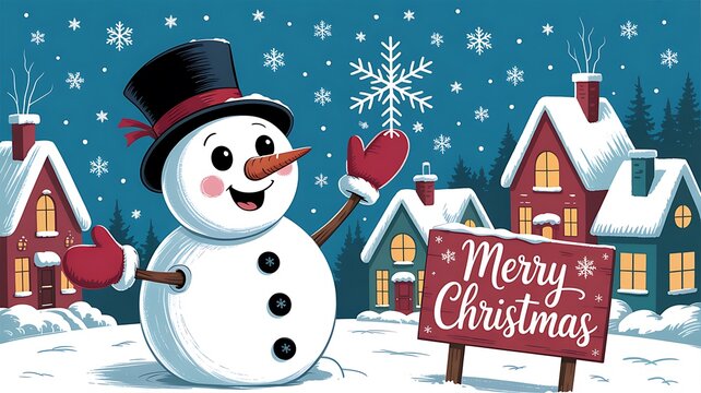 Joyful snowman with top hat greets a snowy village on a merry christmas eve