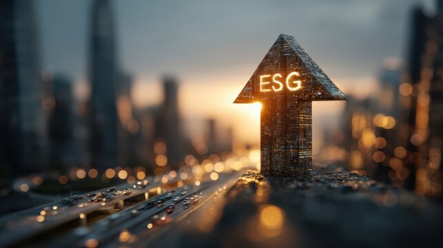 A glowing arrow labeled "ESG" points upwards against a cityscape backdrop, symbolizing growth and commitment to environmental, social, and governance principles.
