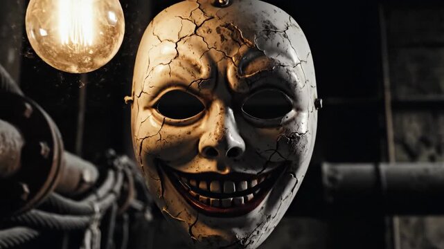 Creepy cracked joker mask with an evil smile hanging near a light bulb in a dark, scary old room for horror concept footage.