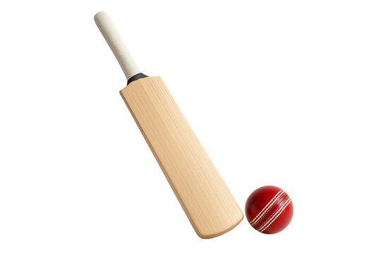 Wooden Cricket Bat Angled Beside Ball, Game and Training Theme, Clean Studio Shot