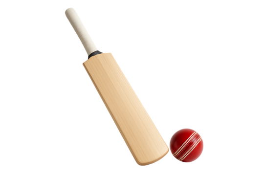 Wooden Cricket Bat Angled Beside Ball, Game and Training Theme, Clean Studio Shot - Powered by Adobe