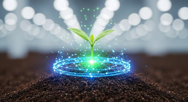 Small, glowing green plant growing from cracked, dry ground leading to a lush, green landscape with a rainbow. Concept of hope, resilience, climate solution, and transition. New life emerging from env