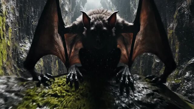 Dark monster creature with a cloak in a deep canyon. Scary horror scene in a mysterious gloomy forest, scary footage.