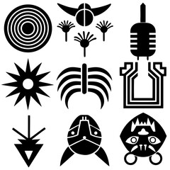 Fototapeta premium Collection of nine distinctive black geometric symbols and icons isolated on white background isolated on transparent background silhouette