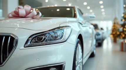 Fototapeta premium A sleek white car adorned with a large pink bow, showcased in a bright showroom decorated for the festive season.