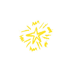 Cute crayon star vector. Yellow wax pencil hand sketch with rough texture and childlike irregular style. Doodle icon of shine or sparkle. Vector element of night sky for kindergarten Xmas design