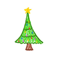 Decorated Christmas doodle tree drawn by children with wax on blackboard. Great for kid school projects. Kindergarten style vector with squiggle, chalkboard texture and charcoal lines.