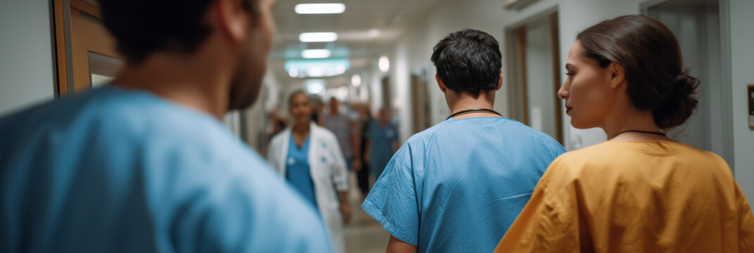 A group of healthcare professionals navigate a bustling hospital corridor, representing collaboration, care, and dedication in the medical field amidst their busy environment.