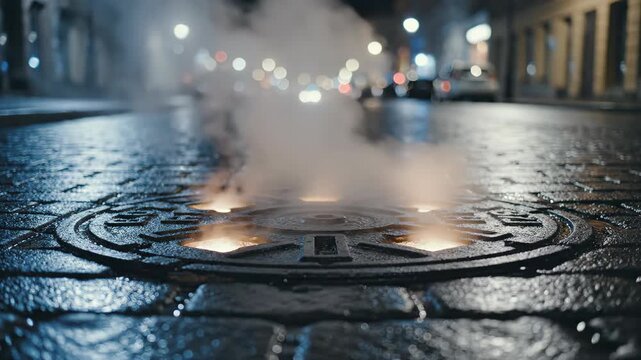 Smoke and light escaping from a wet manhole on a dark city street at night, creating an eerie ambiance for a horror film footage.