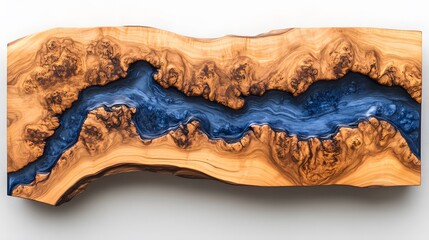 Luxurious epoxy art piece combining wood grain warmth, metallic gold elegance, and glossy deep blue flow patterns. Top view of wooden for the background