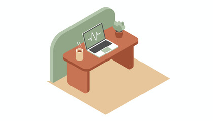 Isometric Workstation Desk: Laptop with Data Wave, Coffee Mug, and Plant. Remote Productivity Concept
