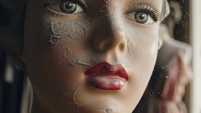 Creepy mannequin head with cracked face in abandoned house. Broken doll looking scary. Horror movie concept footage.