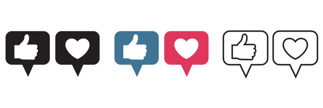 Social media like and heart icons set. Vector set of thumbs up and heart symbols in chat bubbles, representing likes, reactions, and engagement on social media platforms.

