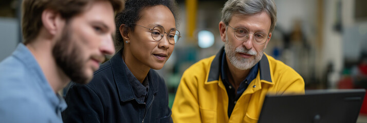 Three diverse professionals focus intently on a laptop while discussing innovative ideas, showcasing teamwork, collaboration, and modern work culture in a creative environment.