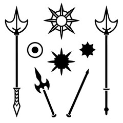 Collection of medieval weapon silhouettes including spears maces and a shield isolated on white background isolated on transparent background