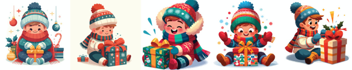 vector of a little boy sit on floor open a Christmas gift