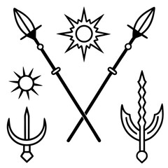 Collection of crossed spears sun symbols and ornate weapon icons silhouette isolated on white background isolated on transparent background