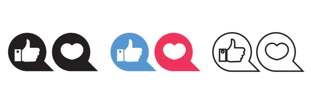 Social media like and heart icons set. Vector set of thumbs up and heart symbols in chat bubbles, representing likes, reactions, and engagement on social media platforms.

