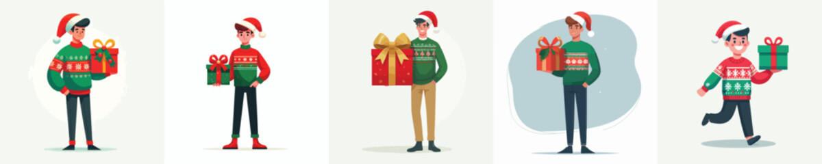 vector full body of a man carrying a Christmas gift
