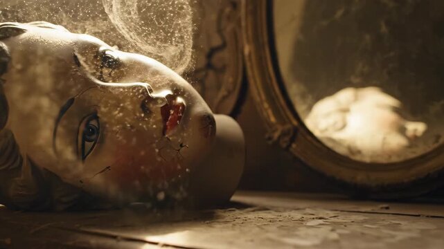 Old broken doll head lies on dusty wooden surface near ornate mirror in abandoned spooky house footage.